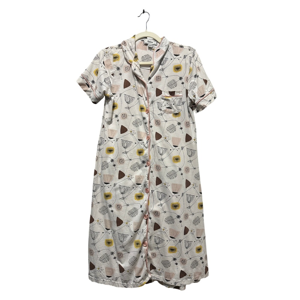 Tolon Nightgown Women Large White MCM Geometric Print Button Front Sleep Shirt